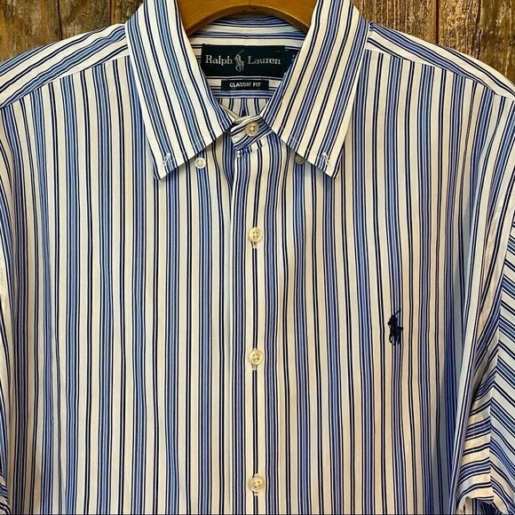 Ralph Lauren Men’s Sz L Classic Fit Blue Black Stripe Long Sleeve Shirt - Picture 5 of 7
